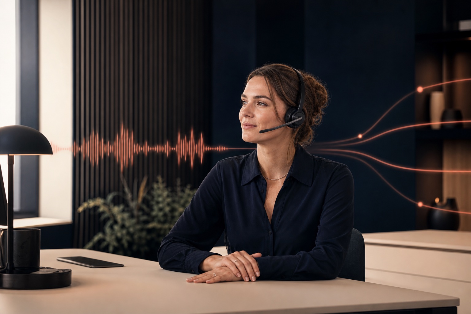AI-opkaldsspecialist i et nordisk kundecenter med en koralfarvet stemmevisualisering