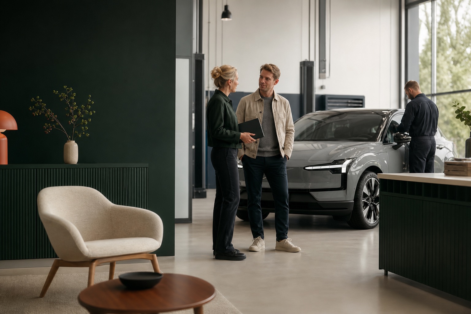Servicerådgiver og kunde står ved en elbil i et moderne værksted