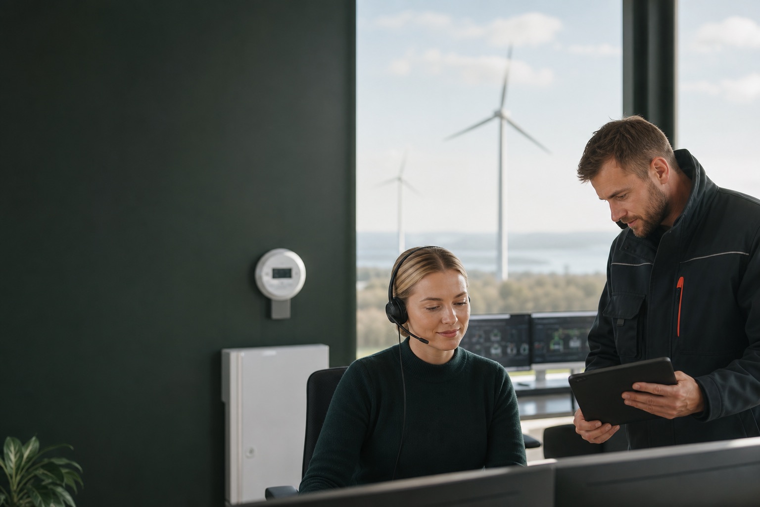 Kundeservicemedarbejder og tekniker koordinerer en energisag