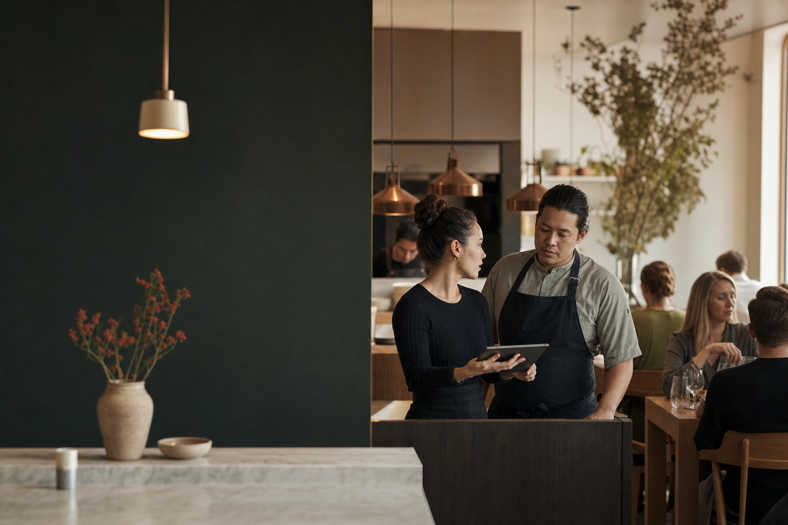 Restaurantteam koordinerer gæsteservice og en ordre i et nordisk lokale