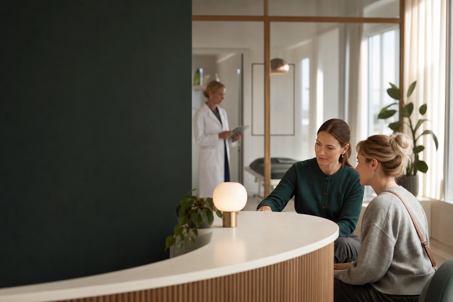 Patientkoordinator hjælper en patient i en rolig nordisk klinik