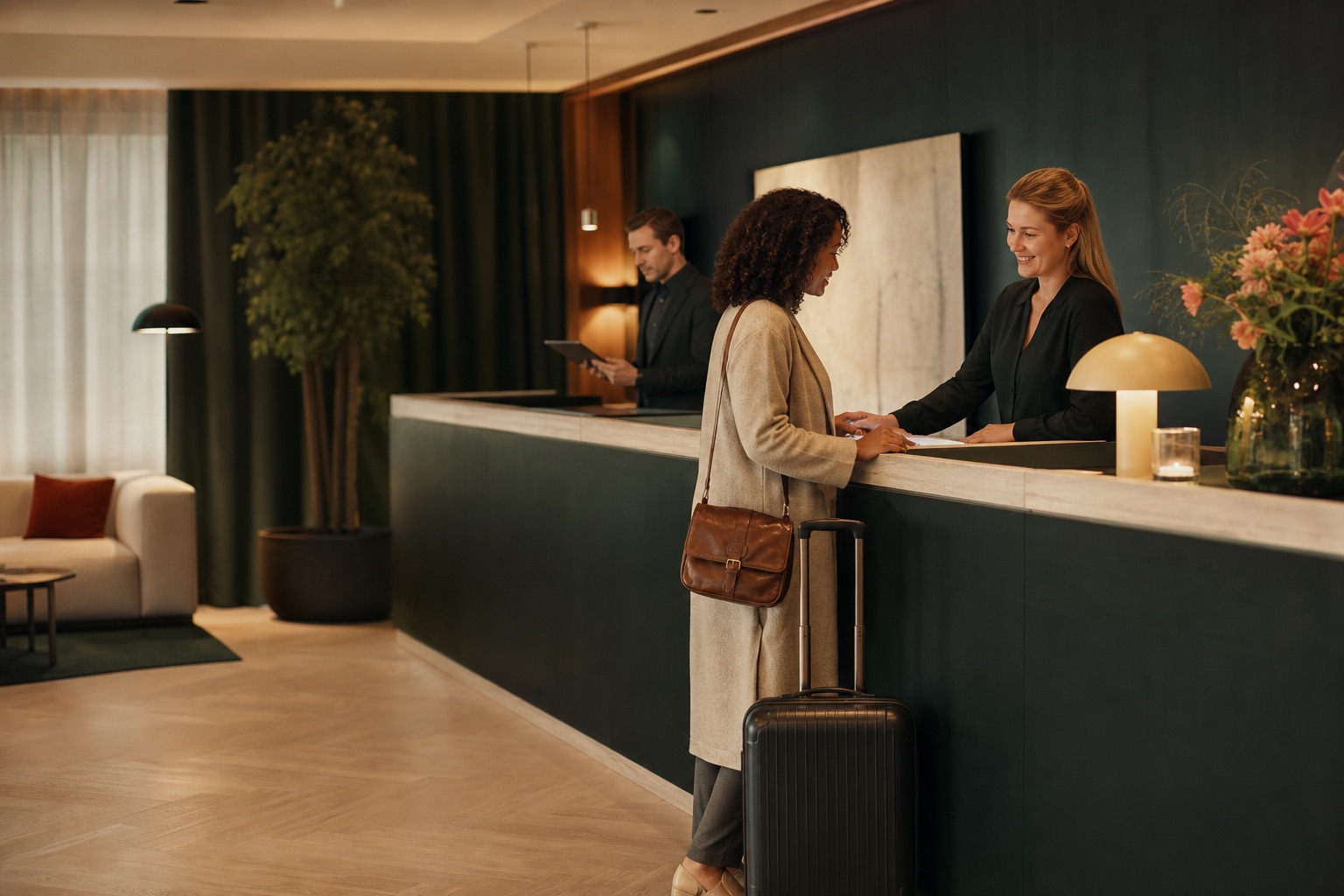 Hotelteam hjælper en gæst med booking i en nordisk reception