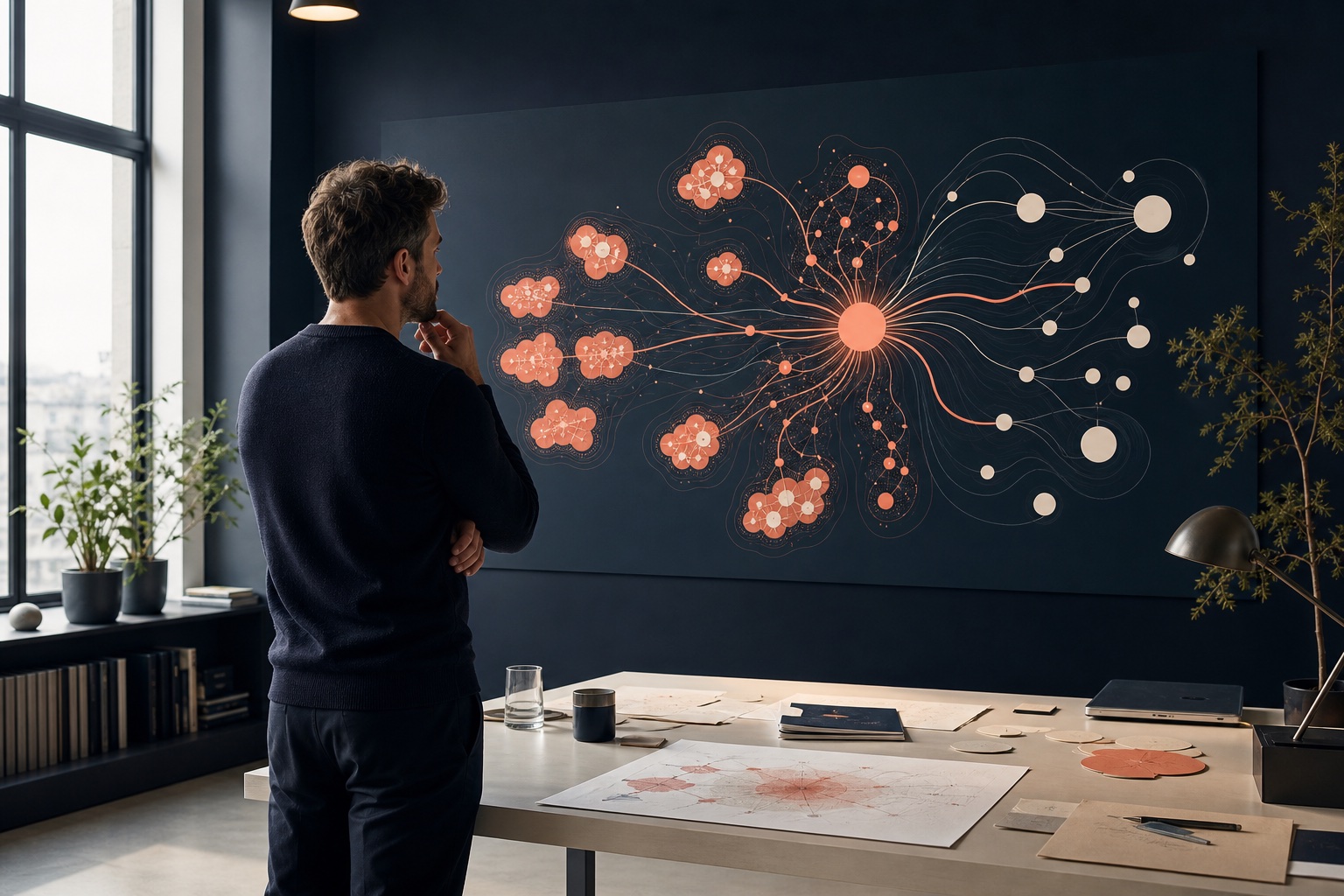 Vækststrateg analyserer et visuelt netværk af søgeemner og forbindelser i et nordisk studie